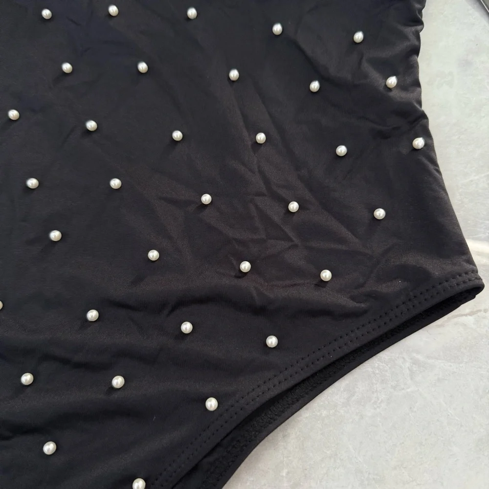 Women’s Bebe Faux Pearl Embellished One Piece Swimsuit Bridesmaid Bachelorette M - Picture 5 of 15